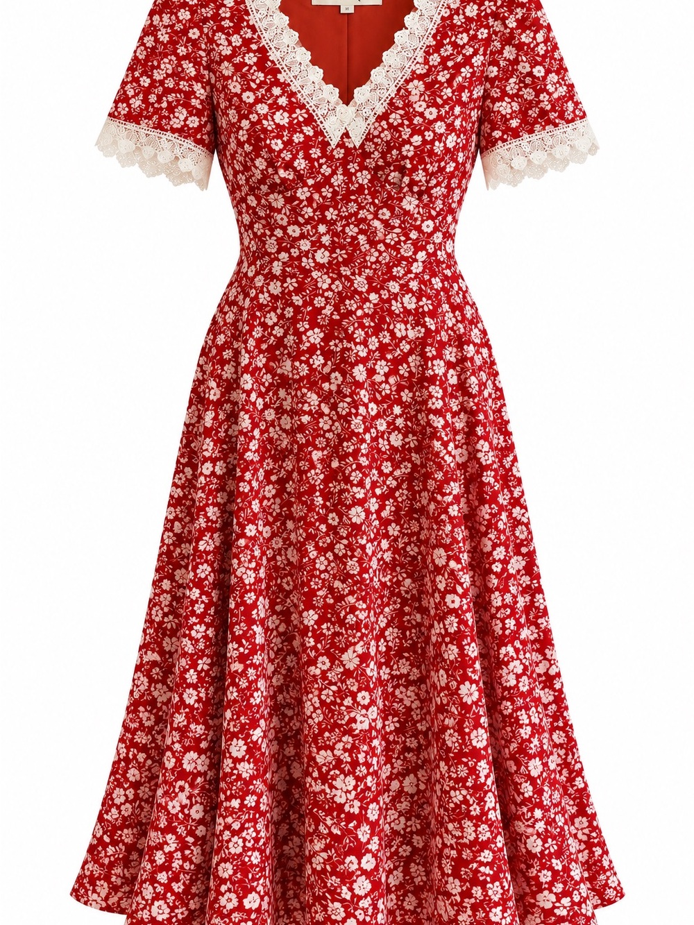 Simple Retro Red Floral Lace Midi Dress XS 1940s Style Old Money Cottagecore